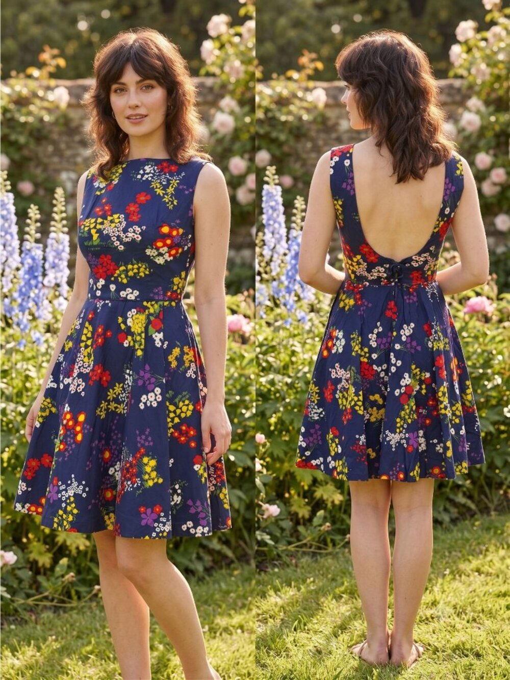 Vintage 70s Floral Fit and Flare Dress Sleeveless Scoop Back XS Navy Knee Length
